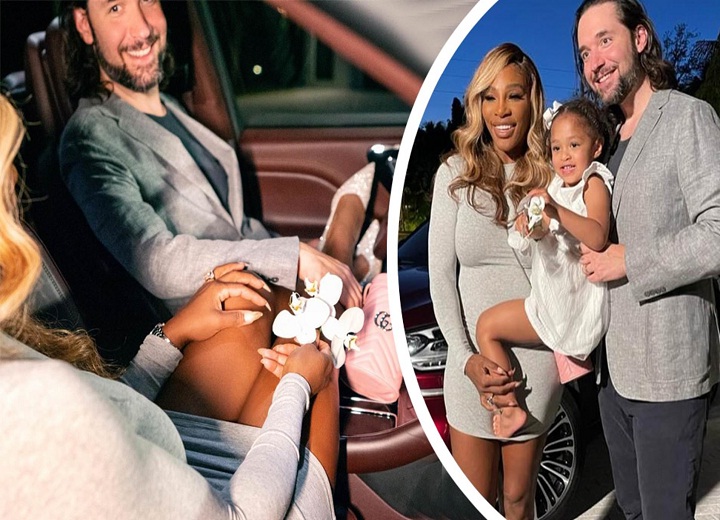 Serena Williams rests her legs and sparkling heels on beaming Alexis Ohanian