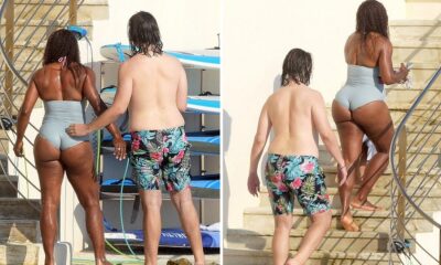 Serena Williams looks incredible in a colourful swimsuit as she jumps into the water and cosies up to husband Alexis Ohanian