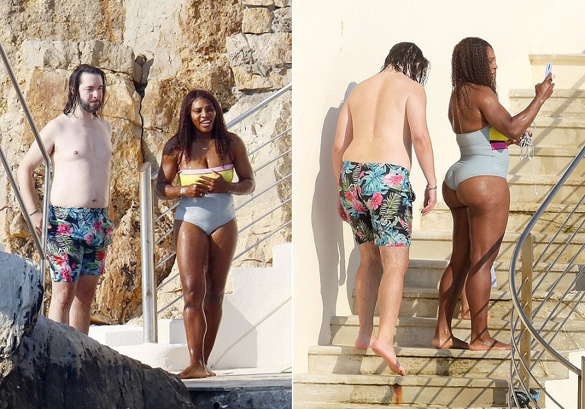 Serena Williams looks incredible in a colourful swimsuit as she jumps into the water and cosies up to husband Alexis Ohanian in the South Of France