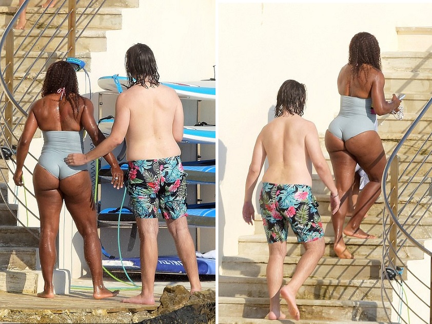 Serena Williams looks incredible in a colourful swimsuit as she jumps into the water and cosies up to husband Alexis Ohanian