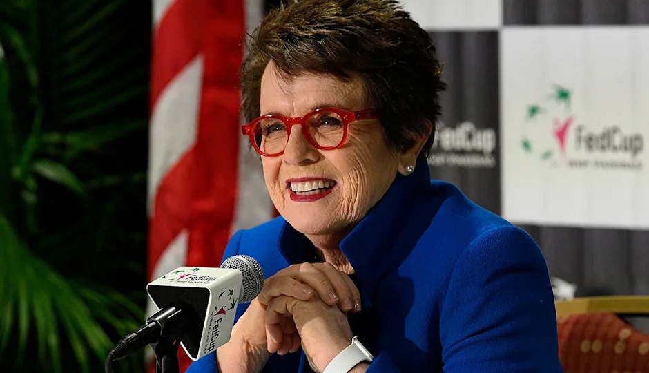 Billie Jean King speaks to the media before the Fed Cup clash between the USA and Australia in 2019