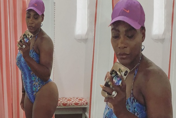 Serena Williams strips down to a blue swimsuit for a pool day